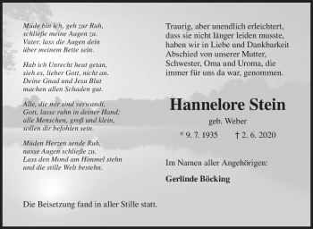Traueranzeige von Hannelore Stein von Siegener Zeitung