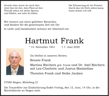Traueranzeige von Hartmut Frank von Siegener Zeitung