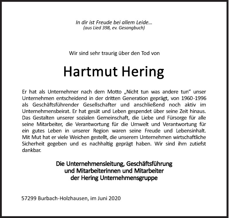  Traueranzeige für Hartmut Hering vom 09.06.2020 aus Siegener Zeitung