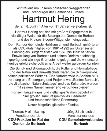 Traueranzeige von Hartmut Hering von Siegener Zeitung