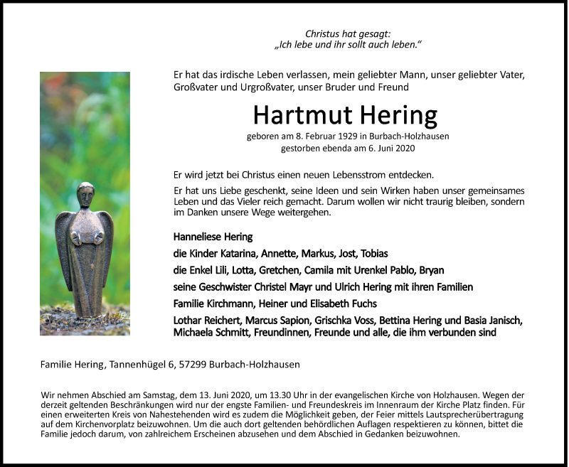  Traueranzeige für Hartmut Hering vom 10.06.2020 aus Siegener Zeitung