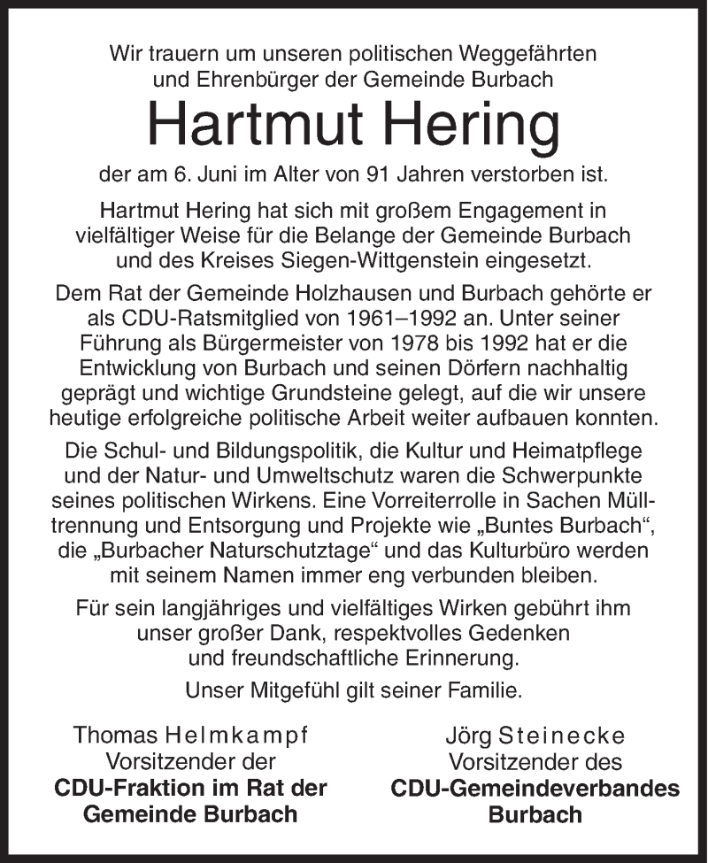  Traueranzeige für Hartmut Hering vom 12.06.2020 aus Siegener Zeitung