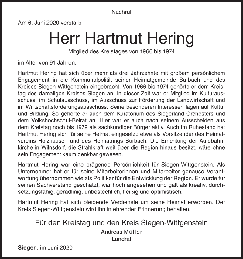  Traueranzeige für Hartmut Hering vom 12.06.2020 aus Siegener Zeitung