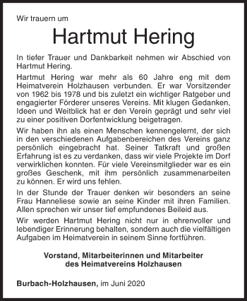 Traueranzeige von Hartmut Hering von Siegener Zeitung