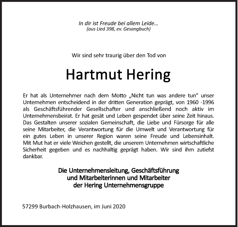  Traueranzeige für Hartmut Hering vom 10.06.2020 aus Siegener Zeitung