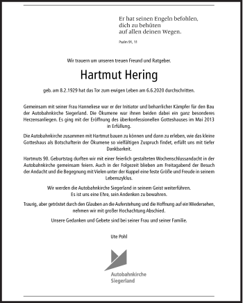 Traueranzeige von Hartmut Hering von Siegener Zeitung