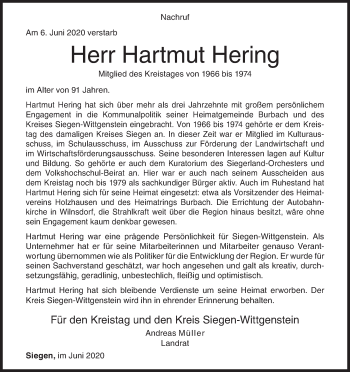 Traueranzeige von Hartmut Hering von Siegener Zeitung