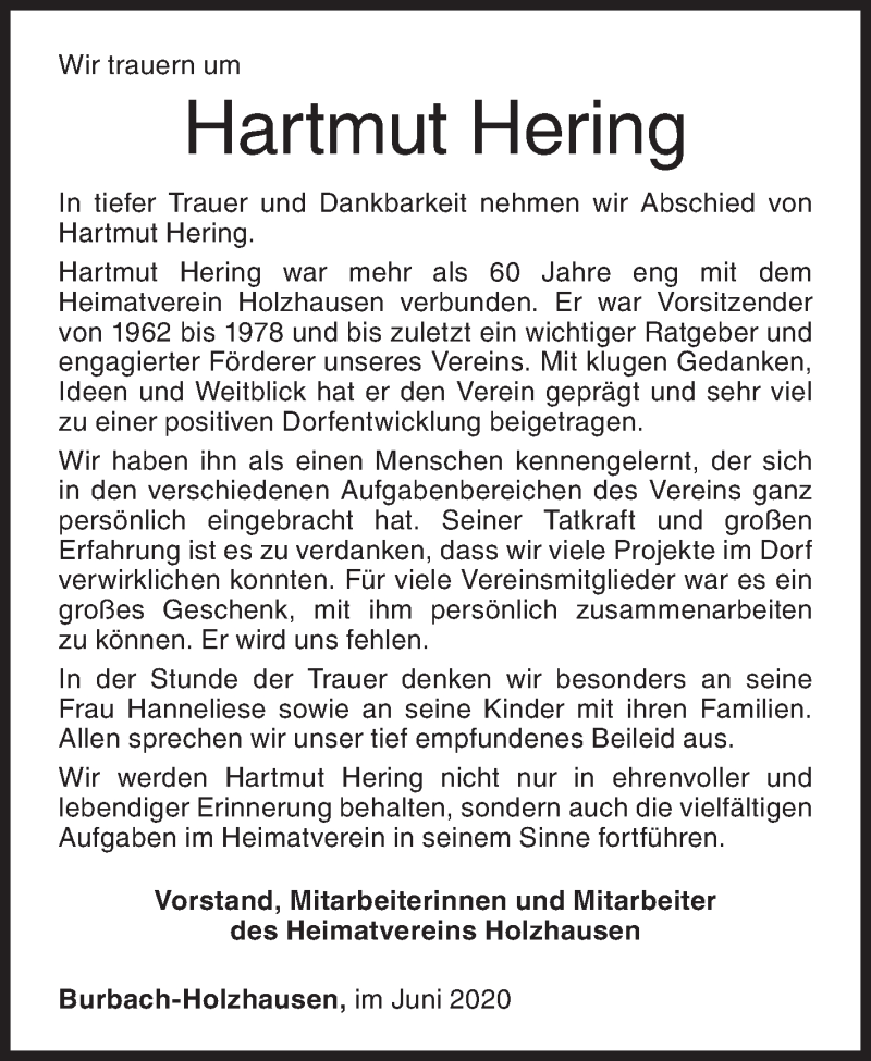  Traueranzeige für Hartmut Hering vom 10.06.2020 aus Siegener Zeitung