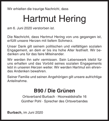 Traueranzeige von Hartmut Hering von Siegener Zeitung