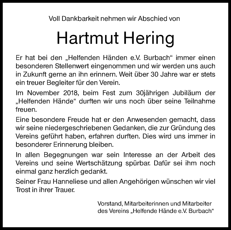  Traueranzeige für Hartmut Hering vom 12.06.2020 aus Siegener Zeitung