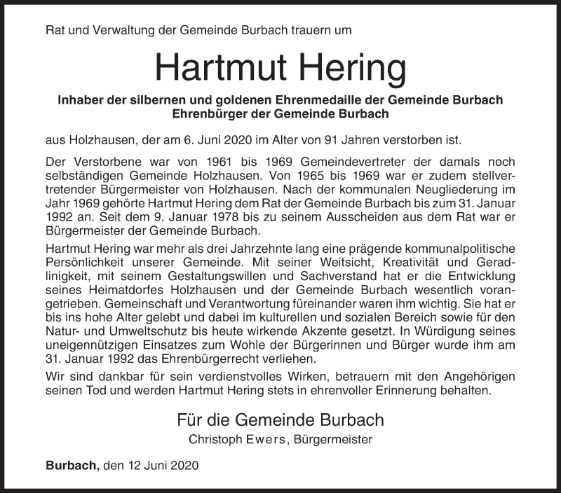  Traueranzeige für Hartmut Hering vom 12.06.2020 aus Siegener Zeitung