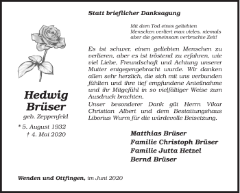 Traueranzeige von Hedwig Brüser von Siegener Zeitung