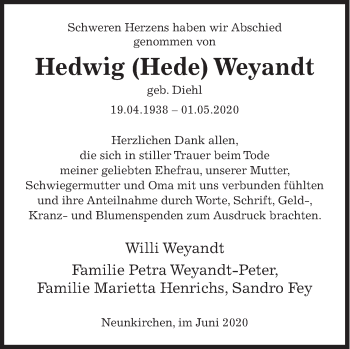 Traueranzeige von Hedwig Weyandt von Siegener Zeitung