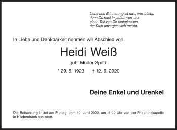 Traueranzeige von Heidi Weiß von Siegener Zeitung