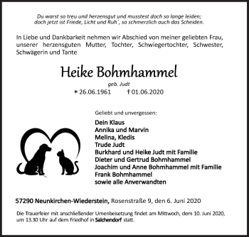 Traueranzeige von Heike Bohmhammel von Siegener Zeitung