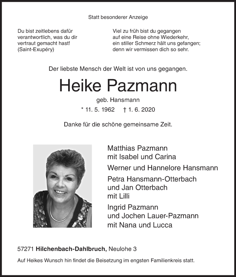  Traueranzeige für Heike Pazmann vom 05.06.2020 aus Siegener Zeitung