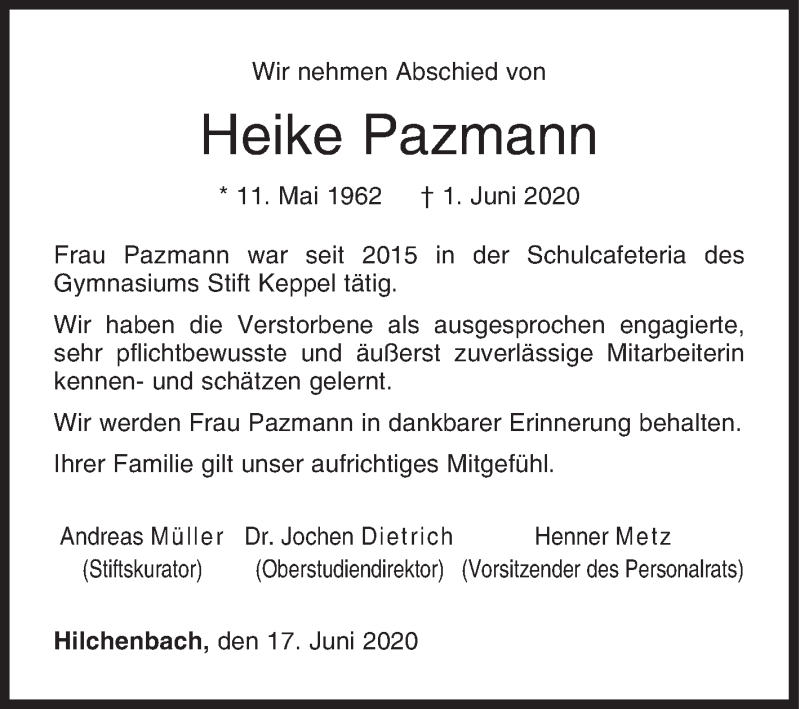  Traueranzeige für Heike Pazmann vom 17.06.2020 aus Siegener Zeitung