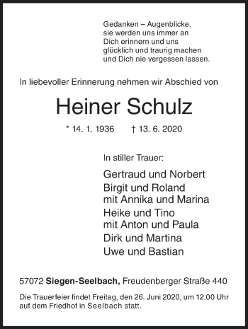 Traueranzeige von Heiner Schulz von Siegener Zeitung