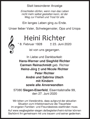 Traueranzeige von Heini Richter von Siegener Zeitung