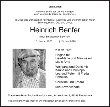 Traueranzeige von Heinrich Benfer von Siegener Zeitung