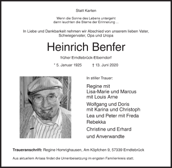 Traueranzeige von Heinrich Benfer von Siegener Zeitung