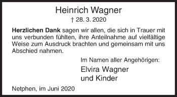 Traueranzeige von Heinrich Wagner von Siegener Zeitung