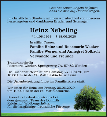 Traueranzeige von Heinz Nebeling von Siegener Zeitung