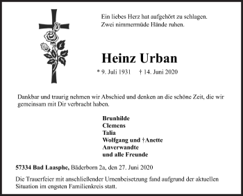 Traueranzeige von Heinz Urban von Siegener Zeitung