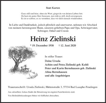 Traueranzeige von Heinz Zielinski von Siegener Zeitung