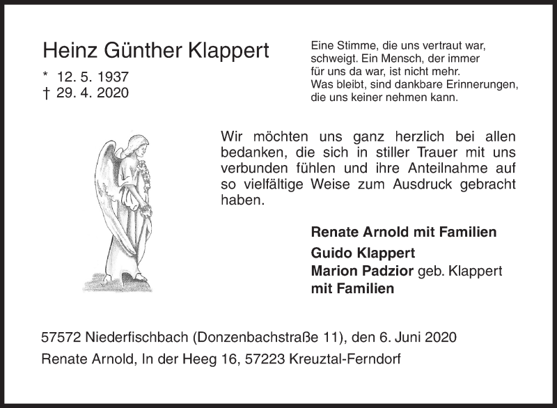  Traueranzeige für Heinz Günther Klappert vom 06.06.2020 aus Siegener Zeitung