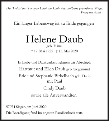 Traueranzeige von Helene Daub von Siegener Zeitung