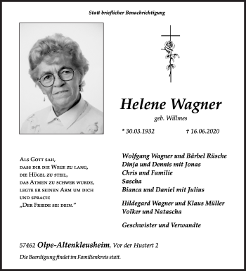 Traueranzeige von Helene Wagner von Siegener Zeitung