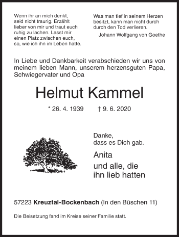 Traueranzeige von Helmut Kammel von Siegener Zeitung