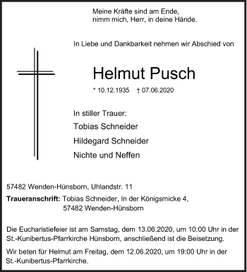 Traueranzeige von Helmut Pusch von Siegener Zeitung