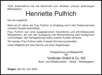 Traueranzeige von Henriette Pulfrich von Siegener Zeitung