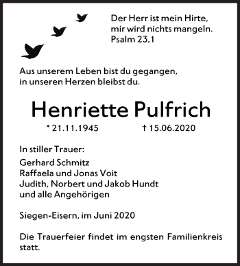 Traueranzeige von Henriette Pulfrich von Siegener Zeitung