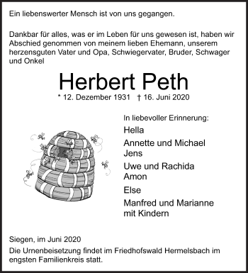 Traueranzeige von Herbert Peth von Siegener Zeitung