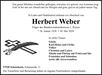 Traueranzeige von Herbert Weber von Siegener Zeitung