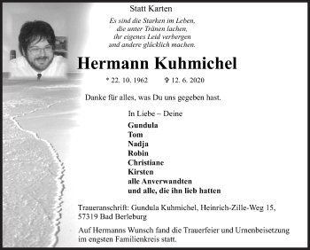 Traueranzeige von Hermann Kuhmichel von Siegener Zeitung