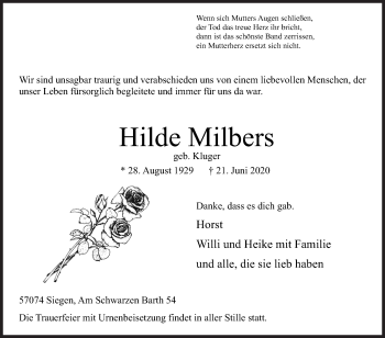 Traueranzeige von Hilde Milbers von Siegener Zeitung