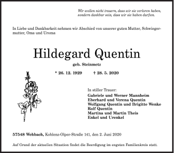 Traueranzeige von Hildegard Quentin von Siegener Zeitung