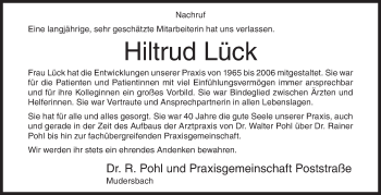 Traueranzeige von Hiltrud Lück von Siegener Zeitung