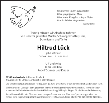 Traueranzeige von Hiltrud Lück von Siegener Zeitung