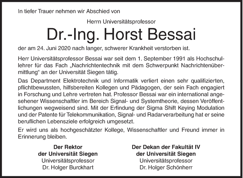  Traueranzeige für Horst Bessai vom 27.06.2020 aus Siegener Zeitung