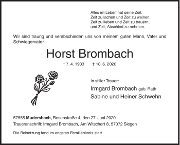 Traueranzeige von Horst Brombach von Siegener Zeitung