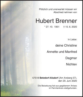 Traueranzeige von Hubert Brenner von Siegener Zeitung