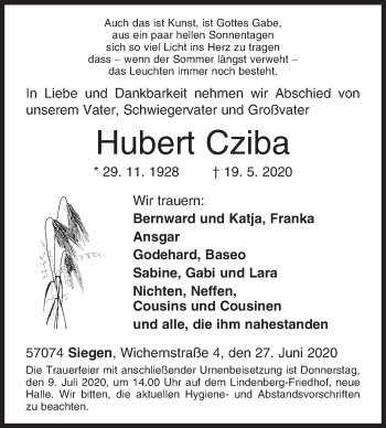 Traueranzeige von Hubert Cziba von Siegener Zeitung