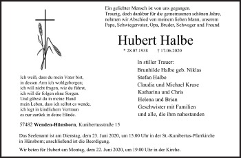 Traueranzeige von Hubert Halbe von Siegener Zeitung