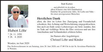 Traueranzeige von Hubert Löhr von Siegener Zeitung