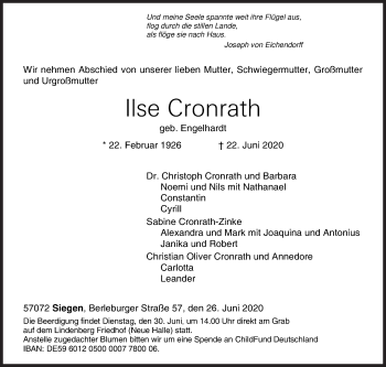 Traueranzeige von Ilse Cronrath von Siegener Zeitung